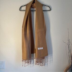 Camel Pashmina Wool Silk Wrap Scarf Or Travel Blanket Paisley Weave Fringe